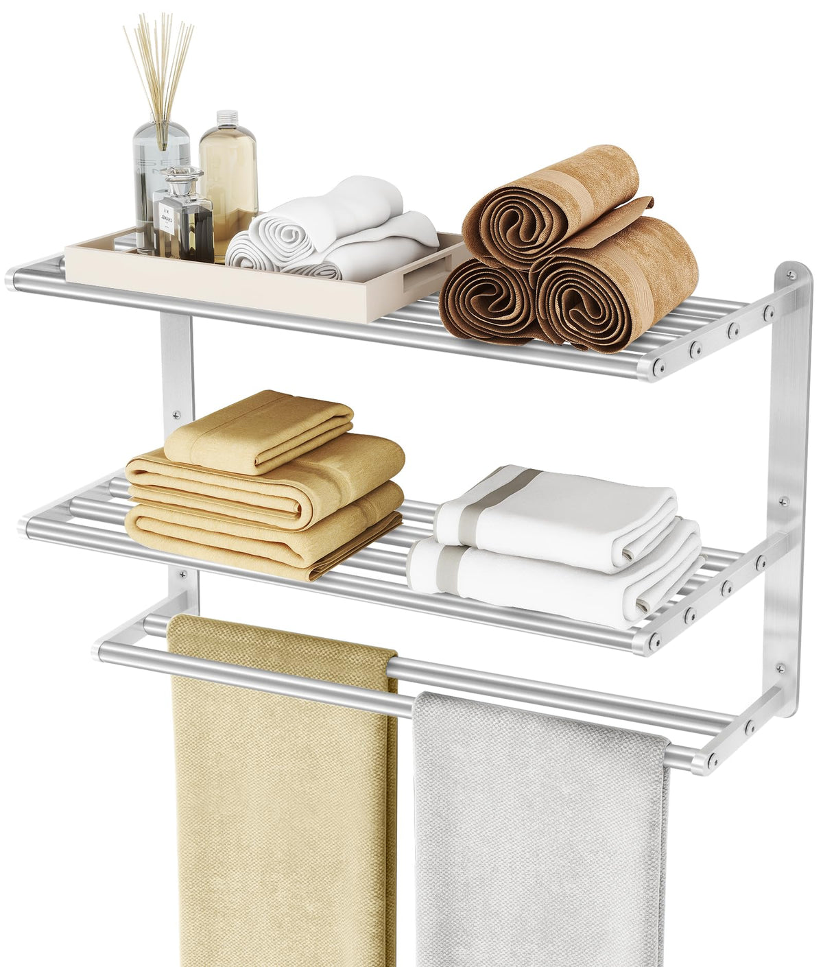 3 Tier Towel Racks for Bathroom Wall Mounted, 24 inch Bathroom Shelf with Towel Bar, Brushed Nickel Shelves for Towels, Stainless Steel Modern Silver Multi Holder