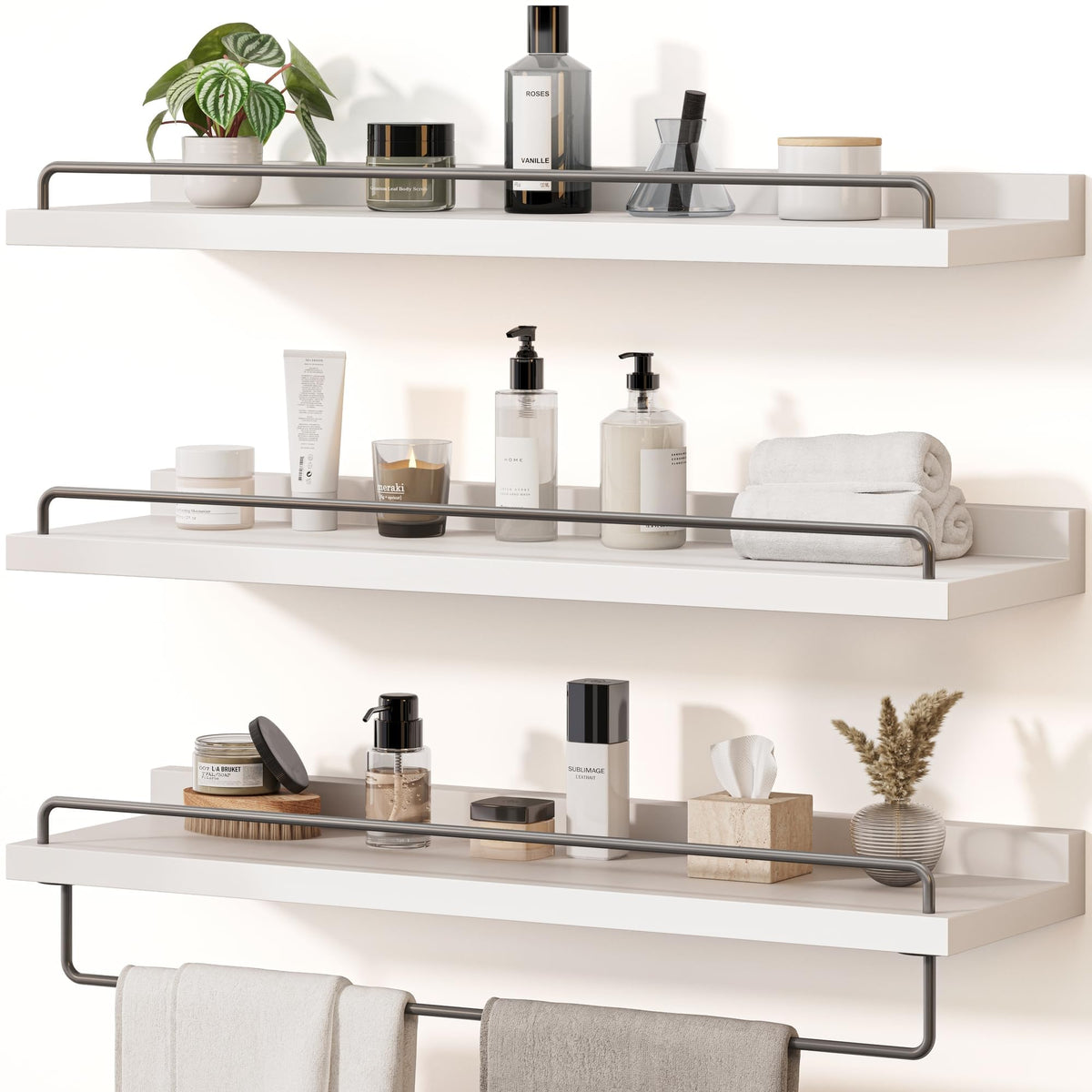 Seocry Bathroom Shelves, Wall Shelf Set of 3, Floating Shelves, Shelves for Room Wall, Bathroom Decor (White Gold, 15.7 Inches)