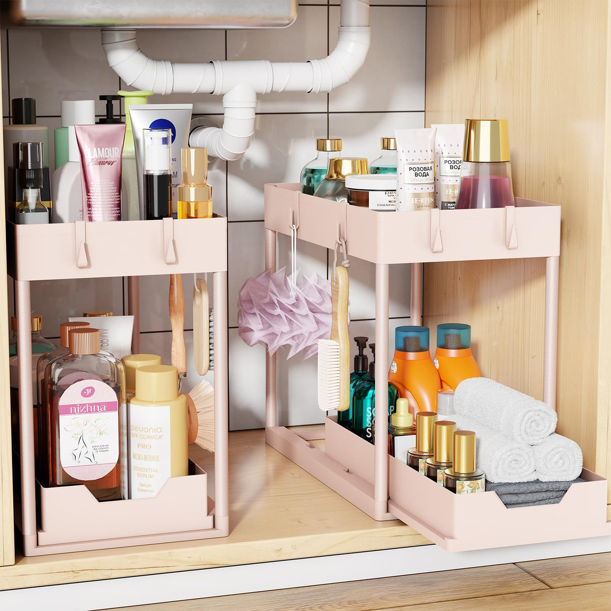 Simple Trending Under Sink Organizer 2 Pack, Sink Pull-Out Sliding Storage Cabinet, 2-Tier Under Shelf Organizer for Kitchen Bathroom, Black