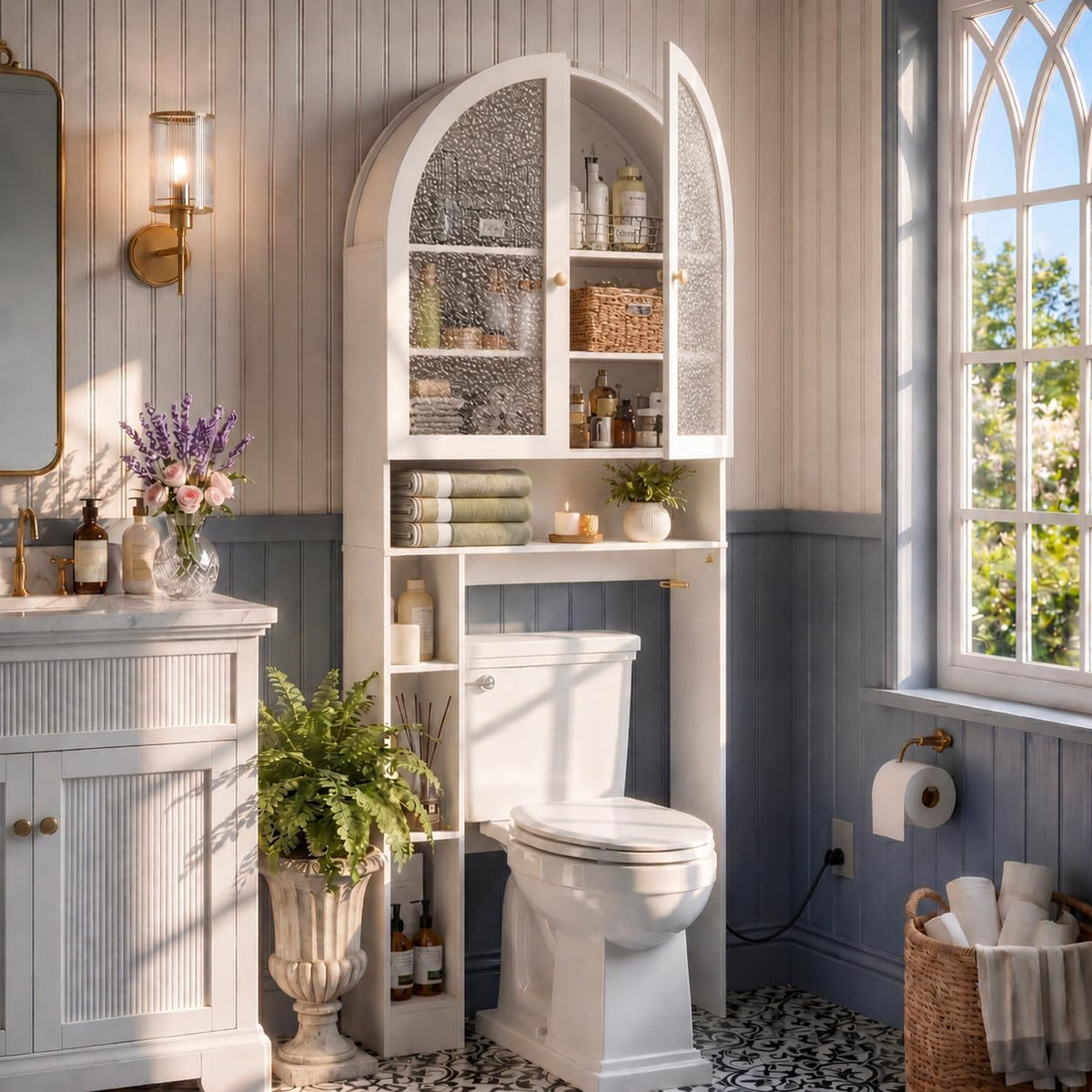 Over The Toilet Storage Cabinet, 29.7”W Modern Storage Cabinet Over Toilet with Acrylic Doors, Arched Freestanding Over Toilet Rack with Adjustable Shelf for Bathroom, White