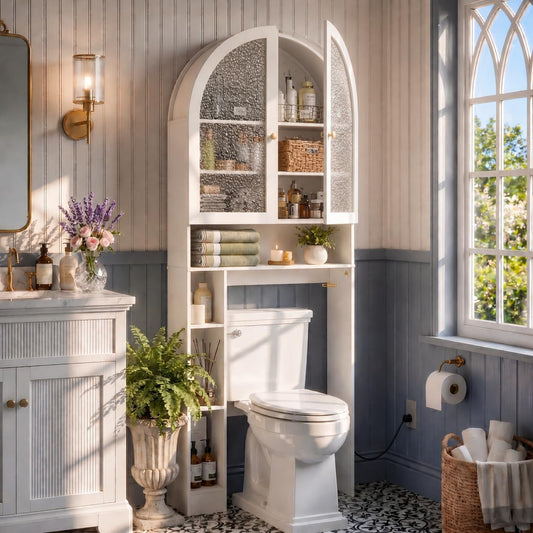 Over The Toilet Storage Cabinet, 29.7”W Modern Storage Cabinet Over Toilet with Acrylic Doors, Arched Freestanding Over Toilet Rack with Adjustable Shelf for Bathroom, White