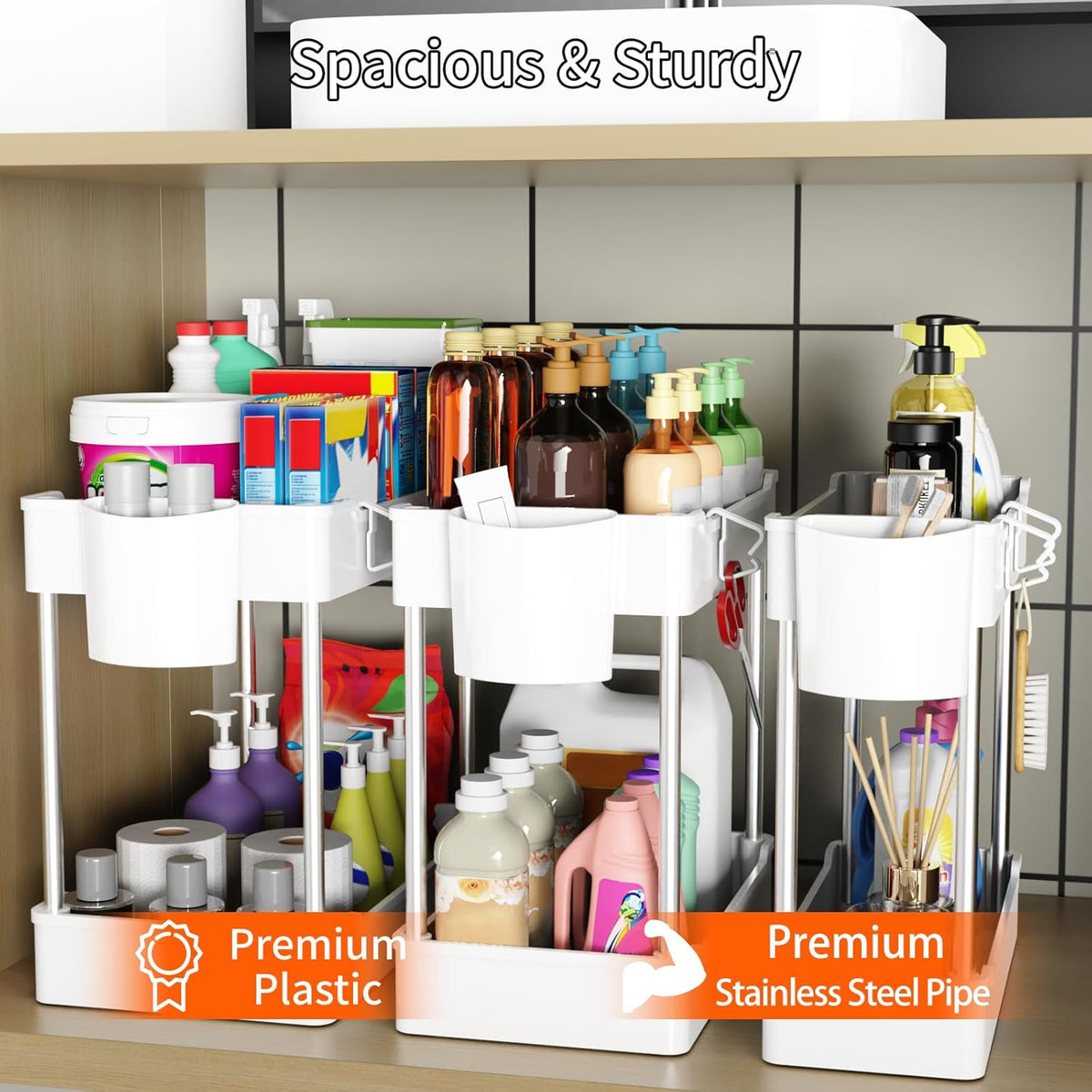 3 Pack Under Sink Organizer Bathroom and Storage Cabinet (White)