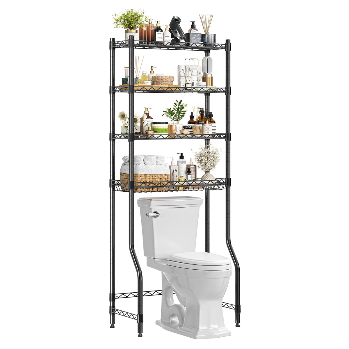 Simple Trending Over The Toilet Storage Rack, Metal 3 Tier Bathroom Organizer Shelf with Paper Holder and 3 Hooks, Freestanding Shelf Space Saver Above Toilet, White
