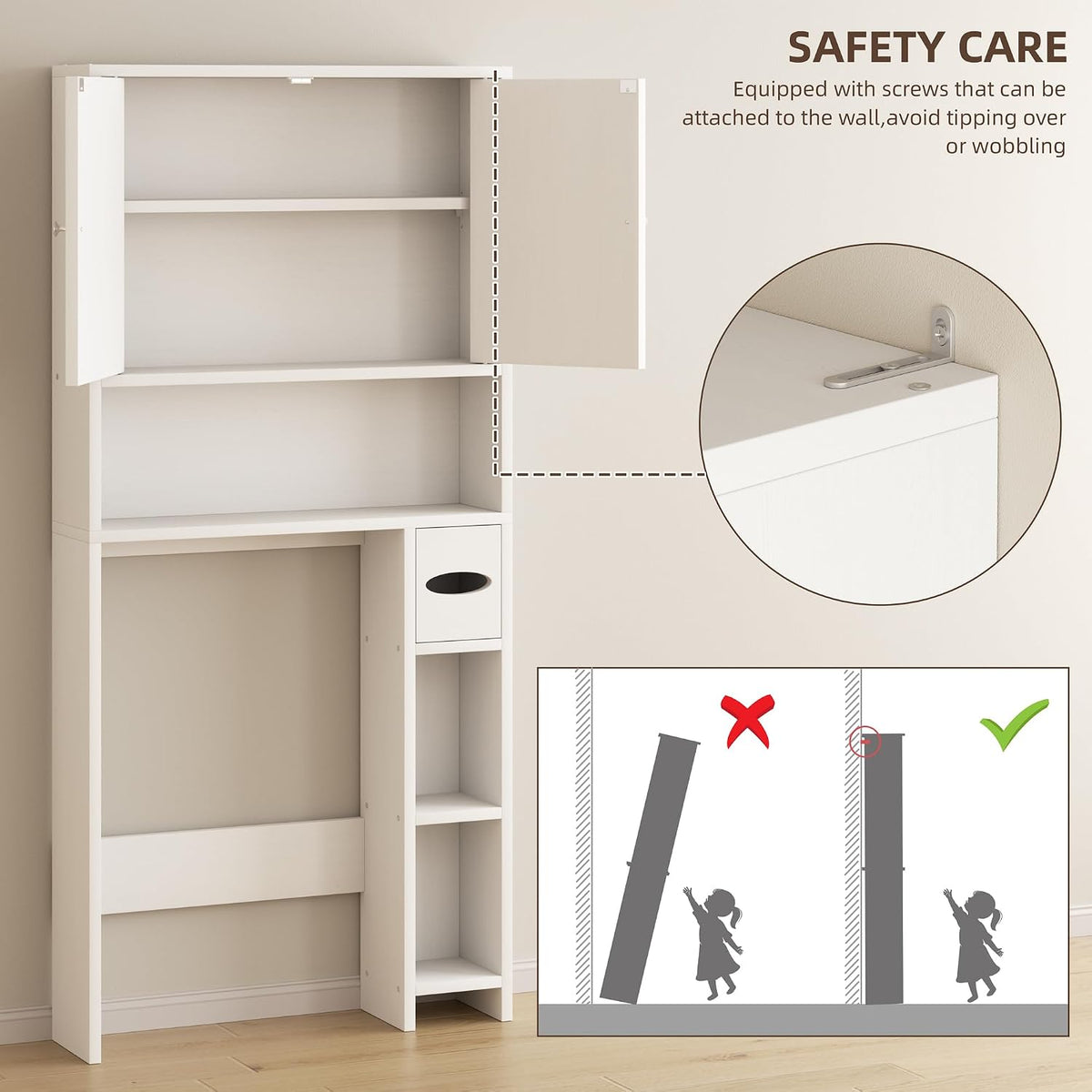 Shintenchi Over the Toilet Storage Cabinet, Bathroom Storage Cabient with Barn Doors, Bathroom Storage Shelf Organizer with Toilet Paper Holder, Adjustable Shelf and Anti-Tip Device, White