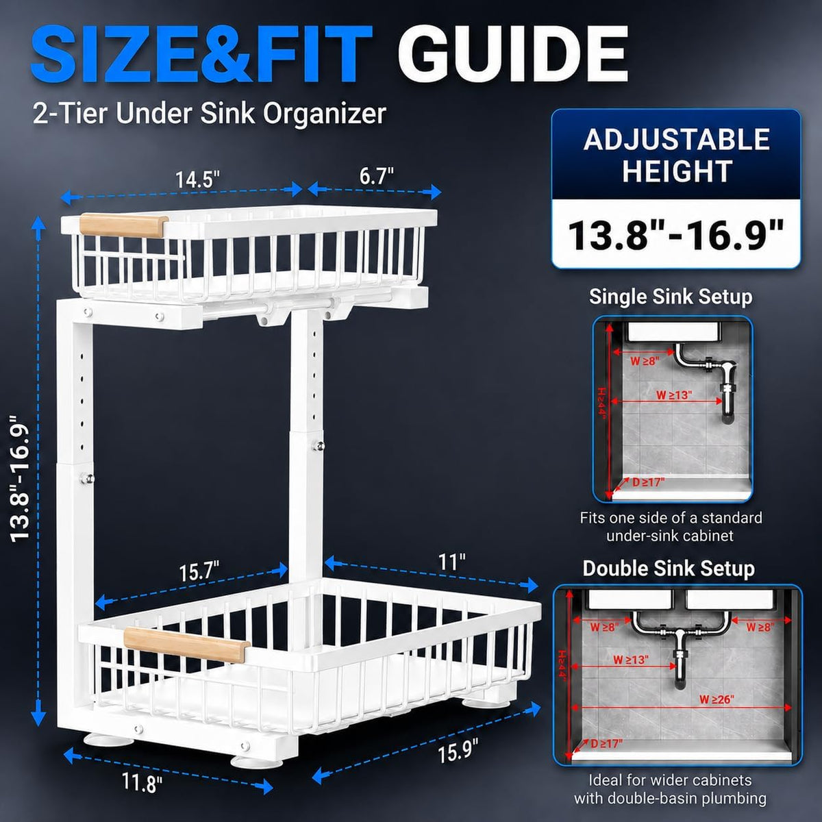Under Sink Organizer 2 Pack, Double Slide Out Metal Shelf, White