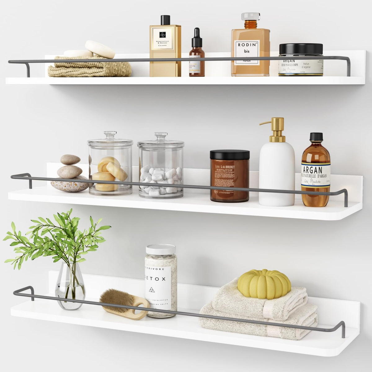 Forbena White Floating Shelves Bathroom Shelves Over Toilet Set of 3, Bathroom Organizers and Storage Shelves Wall Mounted, Modern Wood Corner Wall Shelf for Bedroom Closet -White and Dark Grey