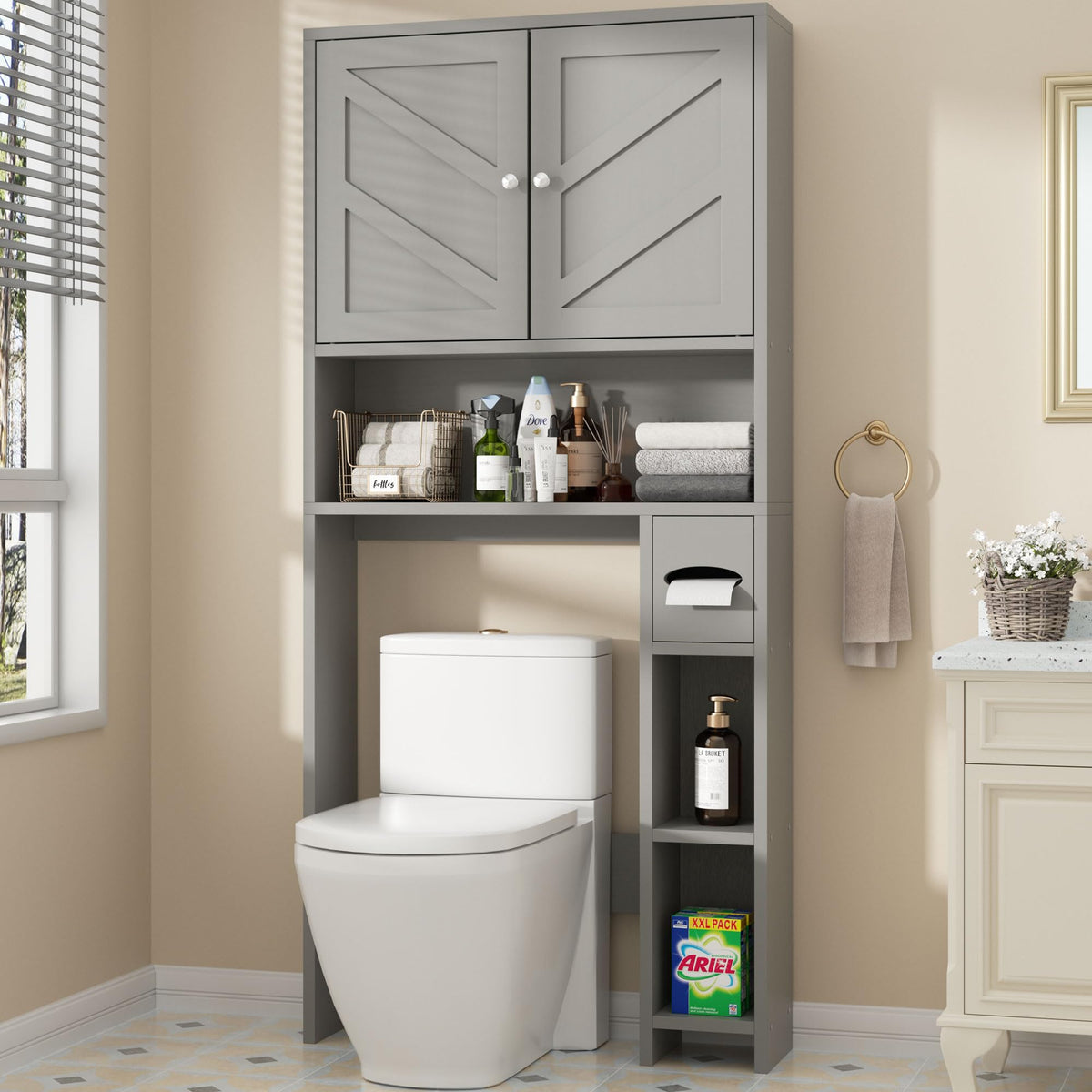 Shintenchi Over the Toilet Storage Cabinet, Bathroom Storage Cabient with Barn Doors, Bathroom Storage Shelf Organizer with Toilet Paper Holder, Adjustable Shelf and Anti-Tip Device, White