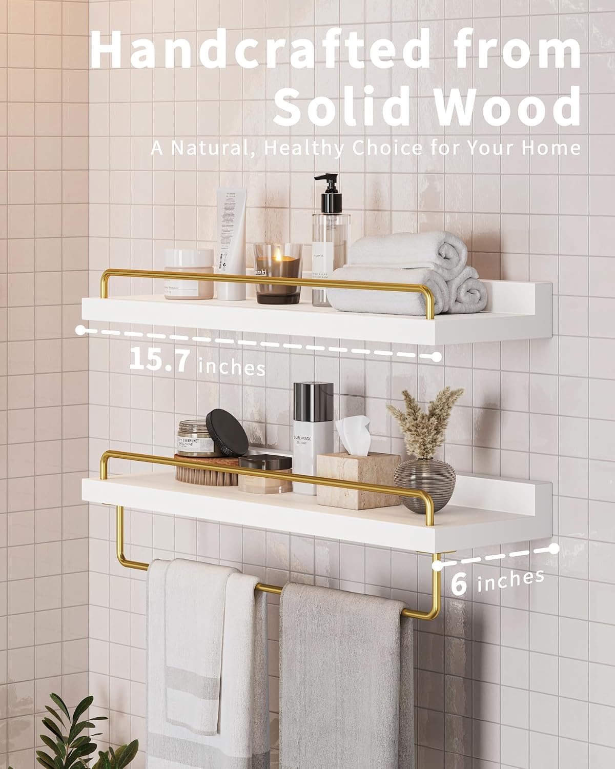Seocry Bathroom Shelves, Wall Shelf Set of 3, Floating Shelves, Shelves for Room Wall, Bathroom Decor (White Gold, 15.7 Inches)