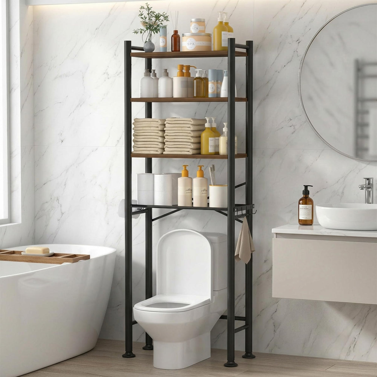 GloTika 3-Tier Over Toilet Storage, Anti-Tilt, 64" H, Black