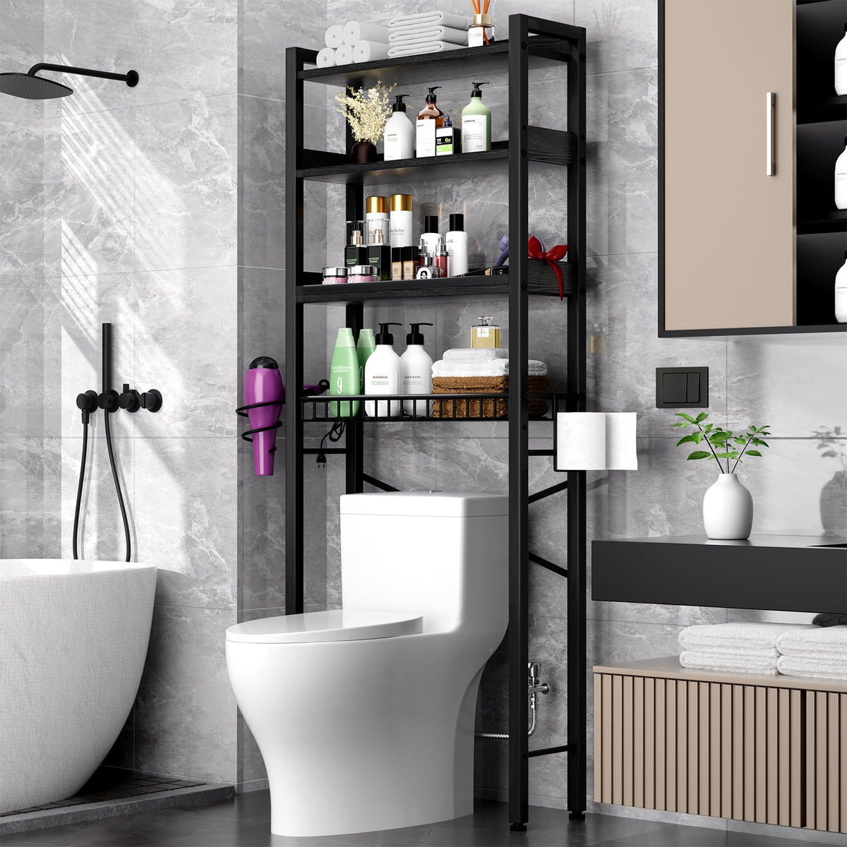 Over-The-Toilet Storage Shelf,4-Tier Bathroom Organizer Cabinet Rack And Storage Over Toilet With Shelf Waterproof Feet Pad And Basket,Multifunctional Space Saver Freestanding Bathroom Shelves（Brown）