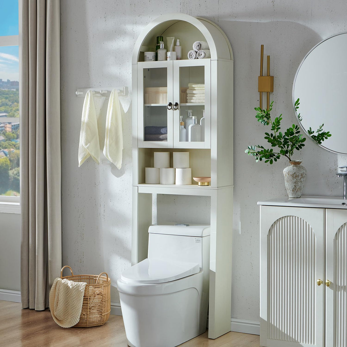 IFGET Arched Over The Toilet Storage Cabinet with Acrylic Doors,Dark Walnut