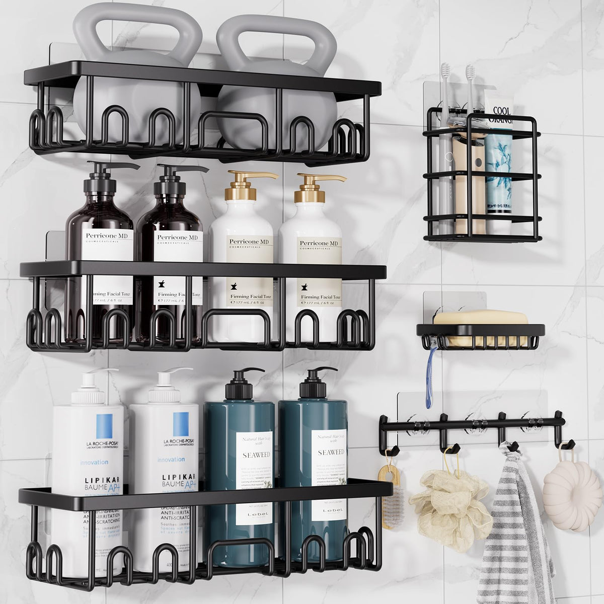 Veken Shower Caddy 6-Pack, Bathroom Organizers and Storage Shelves, Black