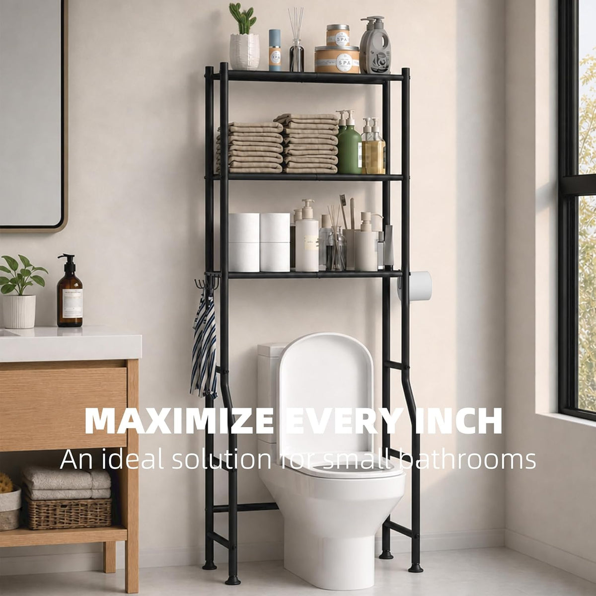 GloTika 3-Tier Over Toilet Storage, Anti-Tilt, 64" H, Black