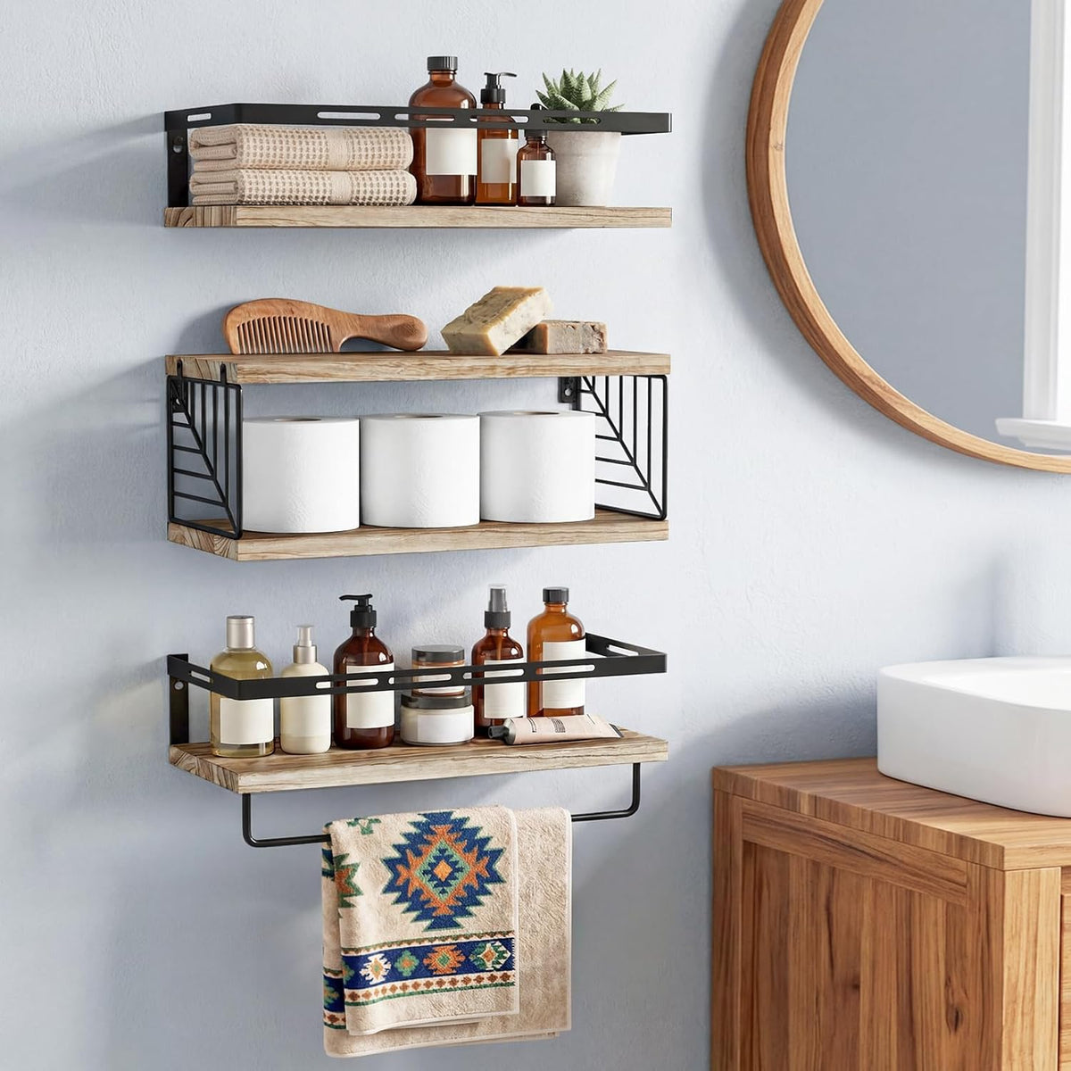 Fixwal Wall Mounted Bathroom Shelves Over Toilet (3+1 Light Brown)