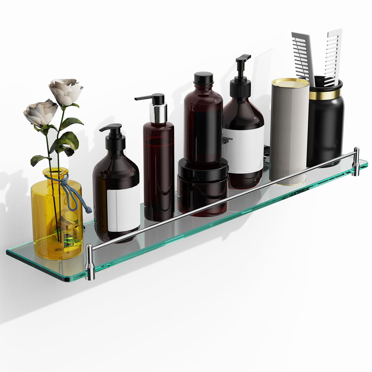 Glass Bathroom Shelves,Brushed Nickel Floating Shelves for Wall Rectangular Modern Stainless Steel Glass Shelf for Bathroom Shelves wall Mounted 16 Inch