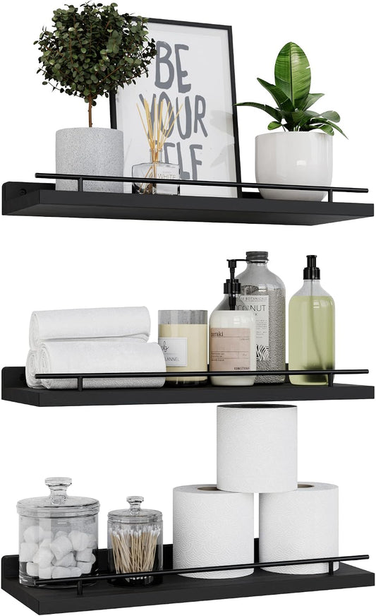WOPITUES Floating Shelves for Wall Decor Set of 3, Black