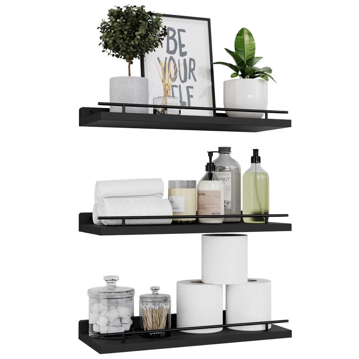 WOPITUES Floating Shelves for Wall Decor Set of 3, Black