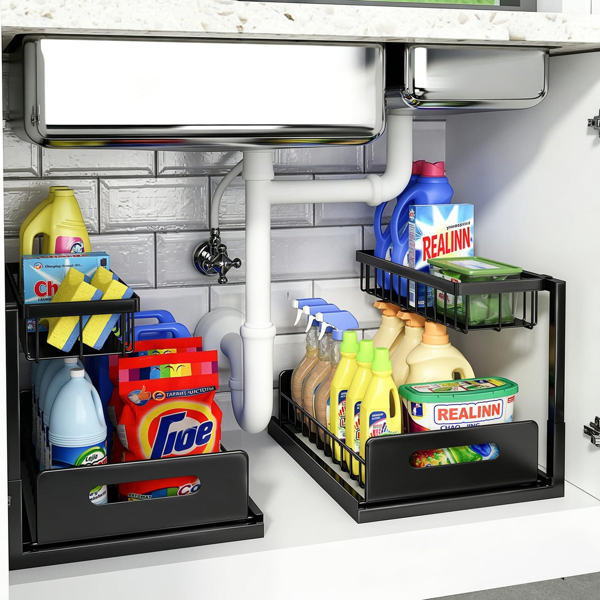 REALINN Under Sink Organizer, L-Shaped 2 Tier Pull Out Cabinet Organizer
