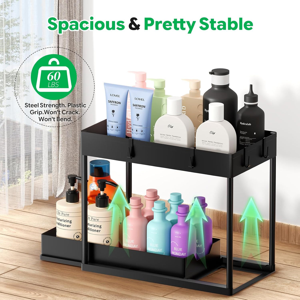 Ekisemio 2 Pack 2-Tier Under Sink Organizers with Sliding Drawer, Black