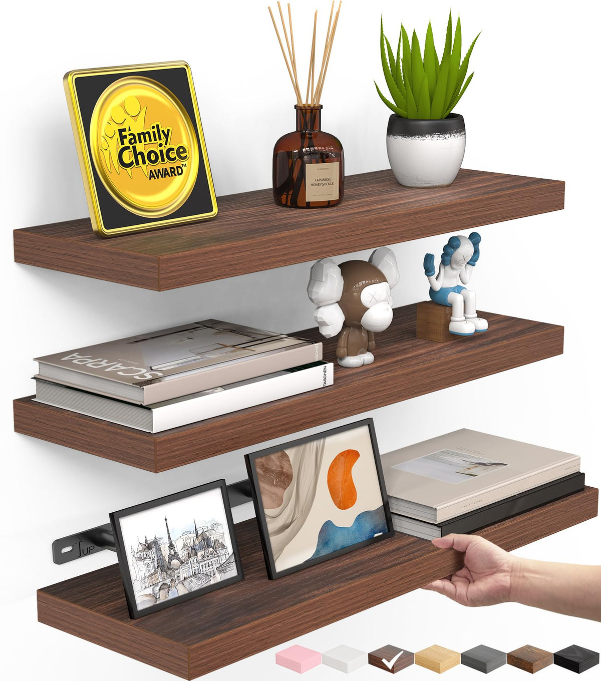 BAYKA Black Floating Shelves 15.7in, Set of 3, Wall Mount Rustic Wood Shelf