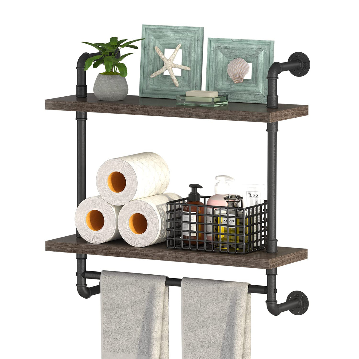 Helsin 2 Tier Industrial Pipe Floating Bathroom Shelves Wall Mounted with Towel Bar, Rustic Wood Wall Shelf, 16 Inch Metal Towel Rack Storage Bookshelf for Bathroom, Kitchen, Farmhouse, Living Room