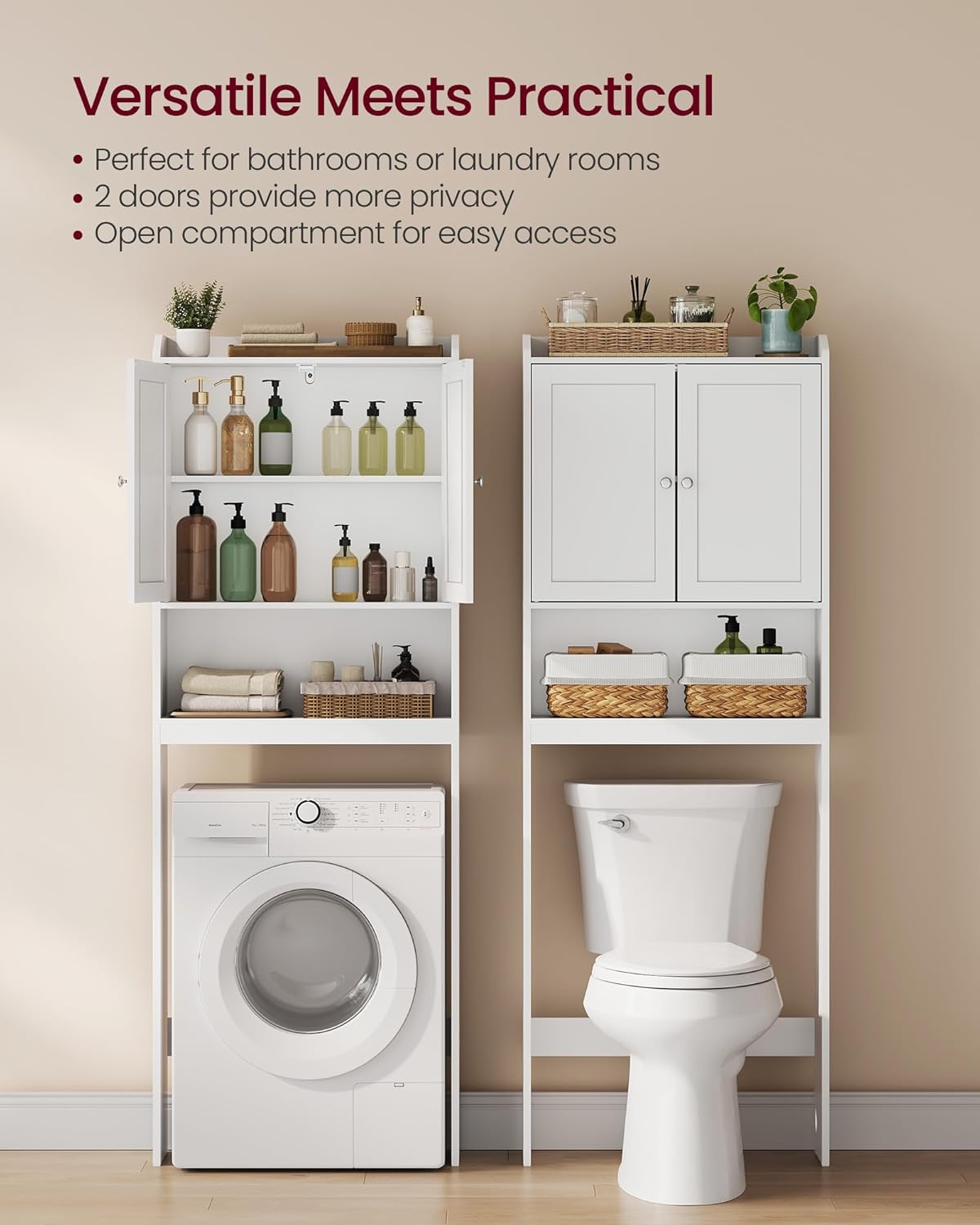 VASAGLE Over the Toilet Storage Cabinet, Doors, Adjustable Shelves, 24.6''W