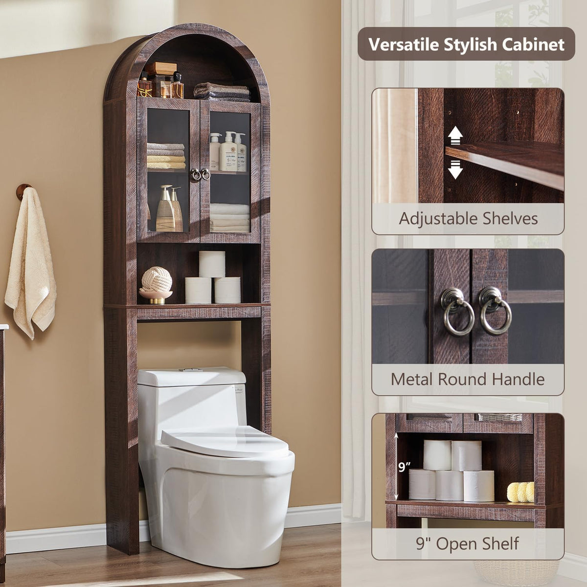 IFGET Arched Over The Toilet Storage Cabinet with Acrylic Doors,Dark Walnut