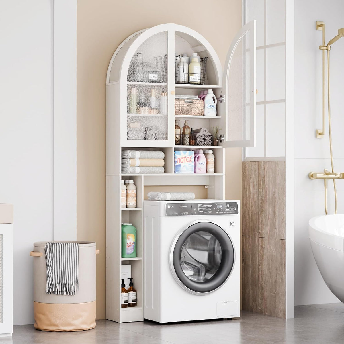 Over The Toilet Storage Cabinet, 29.7”W Modern Storage Cabinet Over Toilet with Acrylic Doors, Arched Freestanding Over Toilet Rack with Adjustable Shelf for Bathroom, White