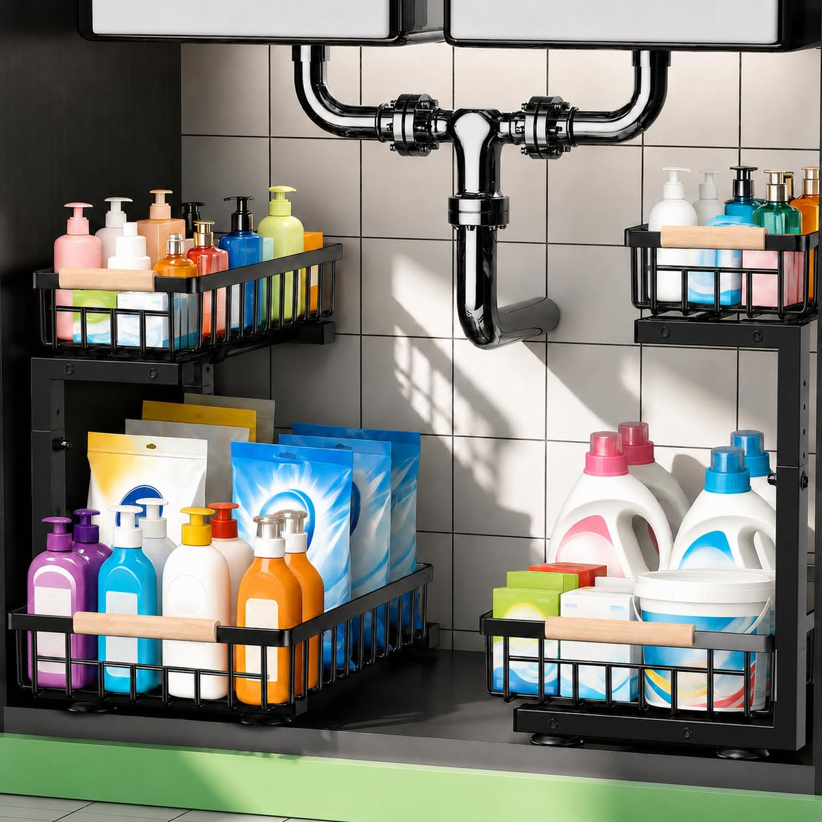 Under Sink Organizer 2 Pack, Double Slide Out Metal Shelf, White