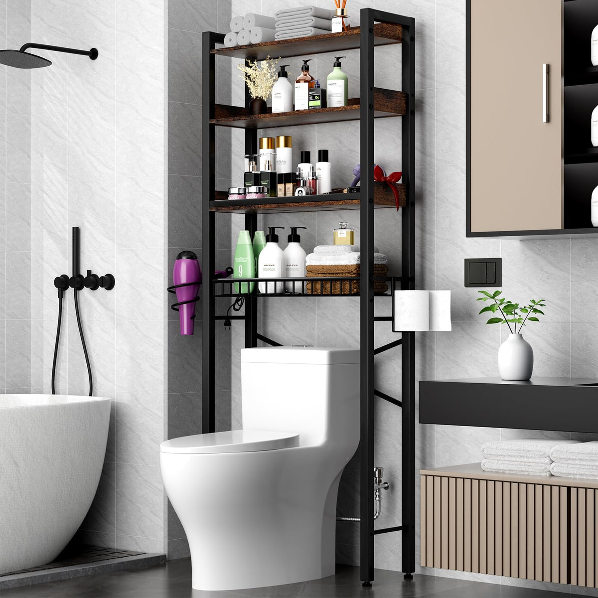 Over-The-Toilet Storage Shelf,4-Tier Bathroom Organizer Cabinet Rack And Storage Over Toilet With Shelf Waterproof Feet Pad And Basket,Multifunctional Space Saver Freestanding Bathroom Shelves（Brown）