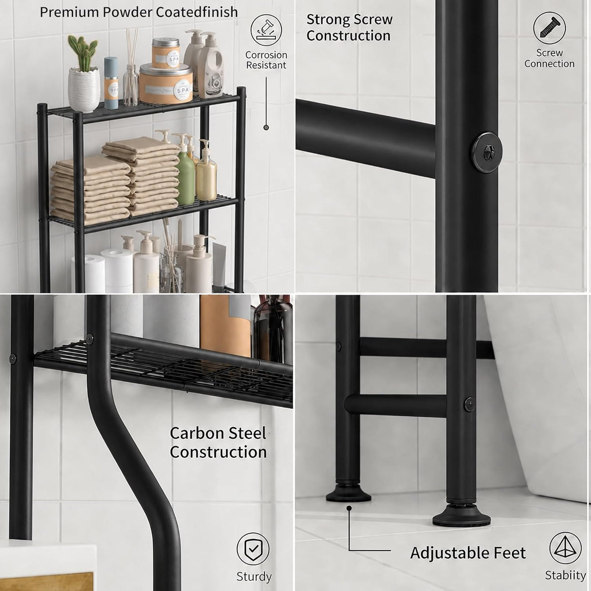 GloTika 3-Tier Over Toilet Storage, Anti-Tilt, 64" H, Black