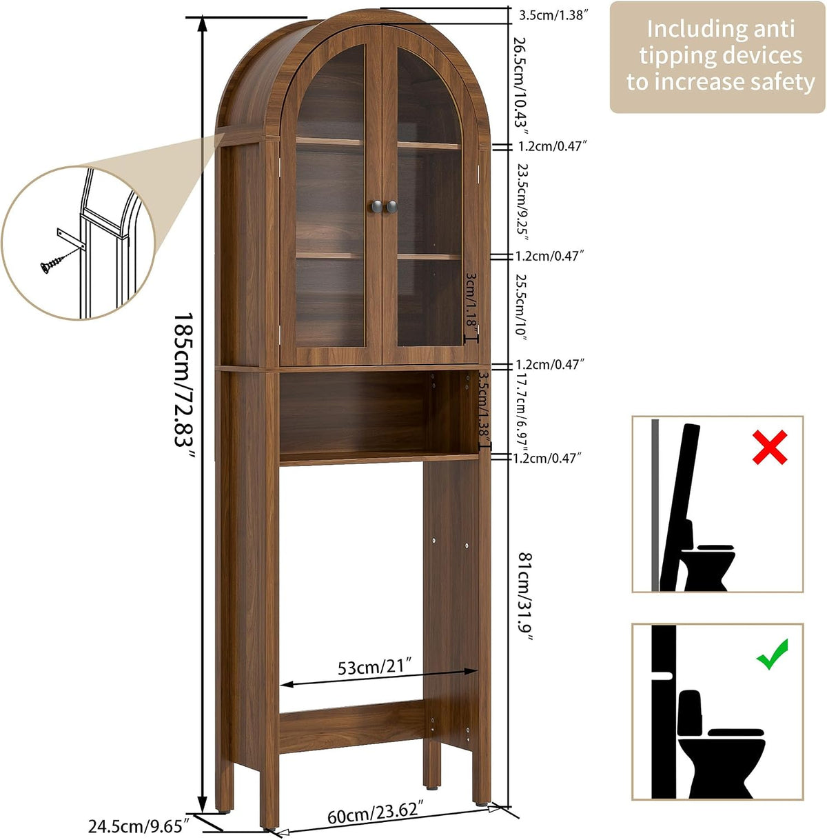 Arched Over The Toilet Storage Cabinet with Acrylic Doors, Bathroom Shelf