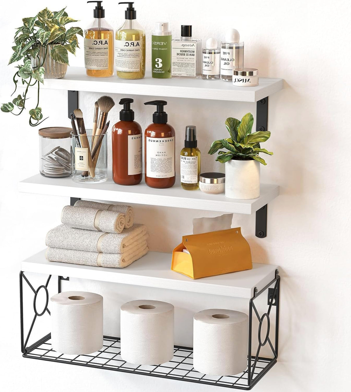 Amada Bathroom Shelves with Storage Basket, Set of 3, Natural Wood