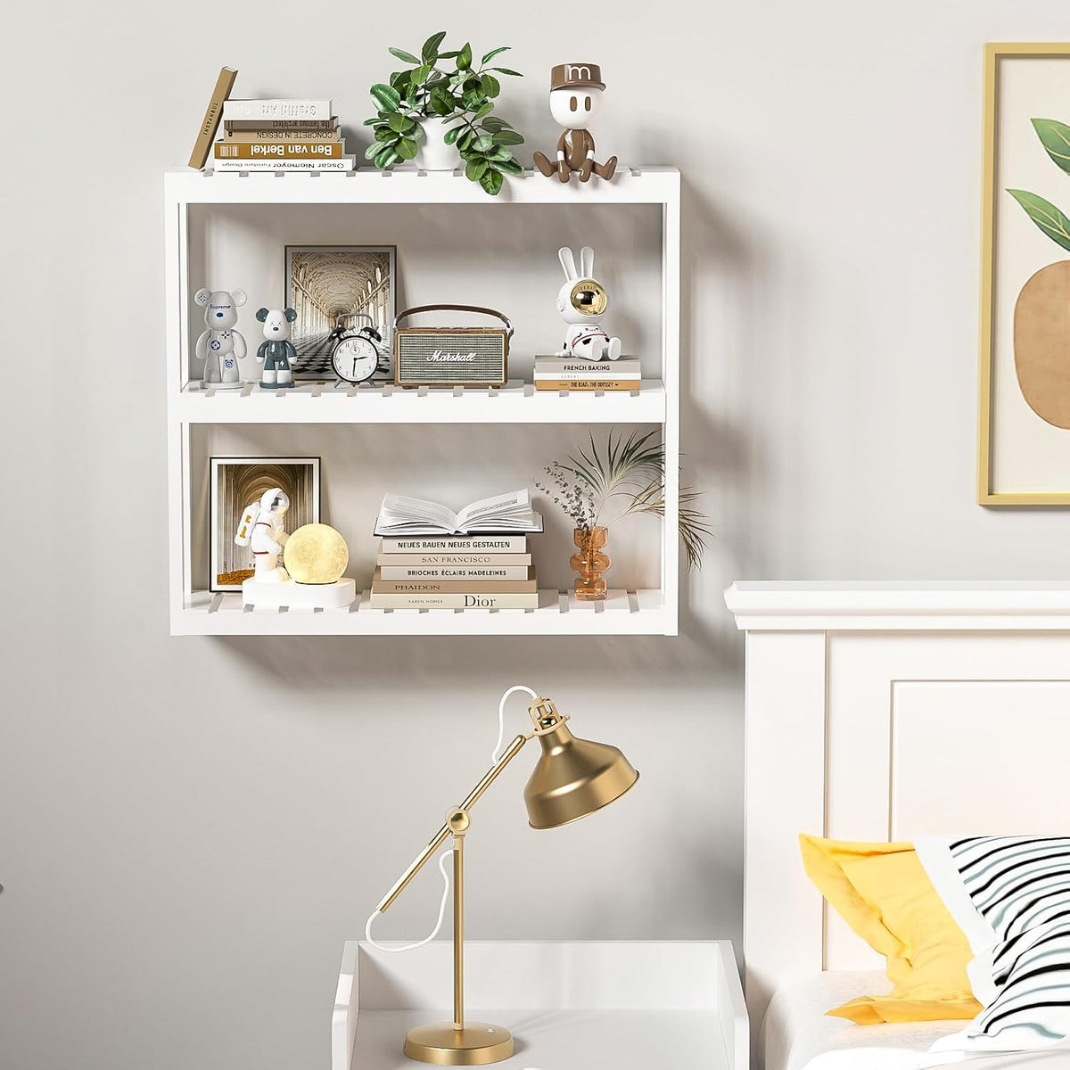 Domax Bathroom Shelves Over Toilet Storage - 3 Tier Wall Mounted Bamboo Bathroom Shelf Organizer Multifunctional Adjustable Layer Free Standing Utility Shelves for Bathroom Living Room Kitchen, White