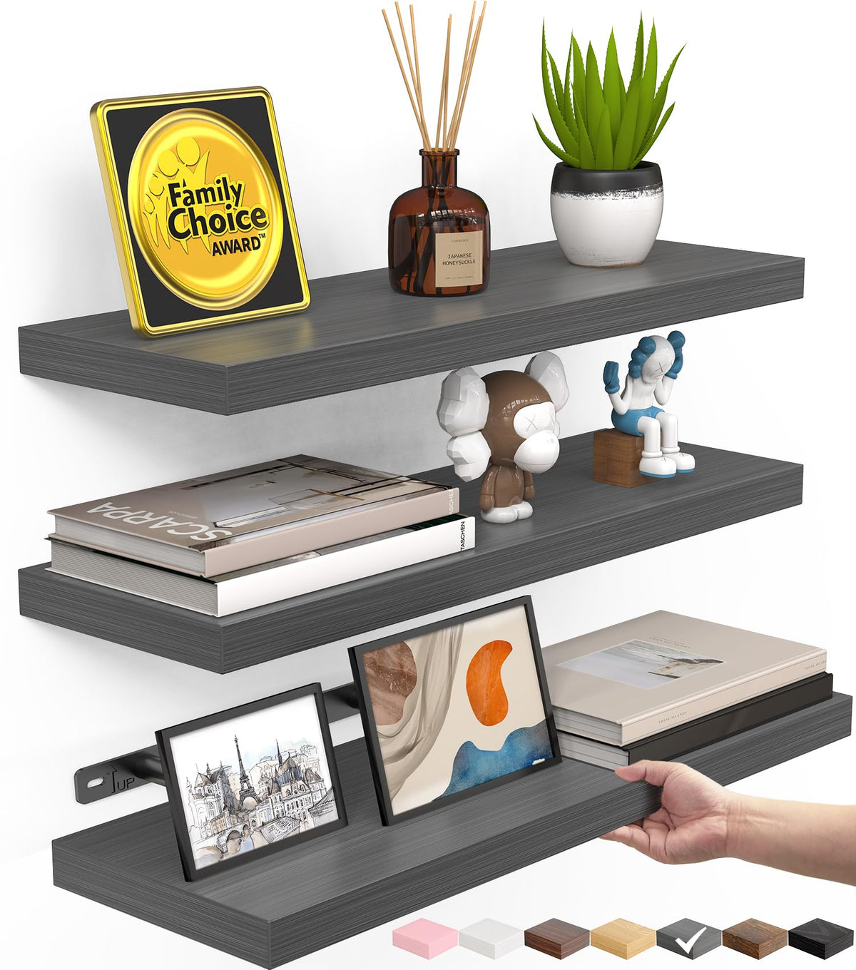 BAYKA Black Floating Shelves 15.7in, Set of 3, Wall Mount Rustic Wood Shelf