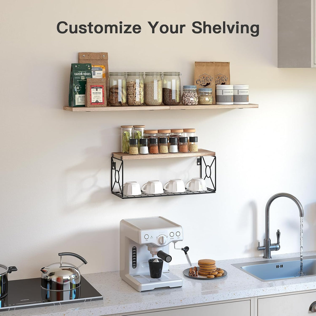 Amada Bathroom Shelves with Storage Basket, Set of 3, Natural Wood