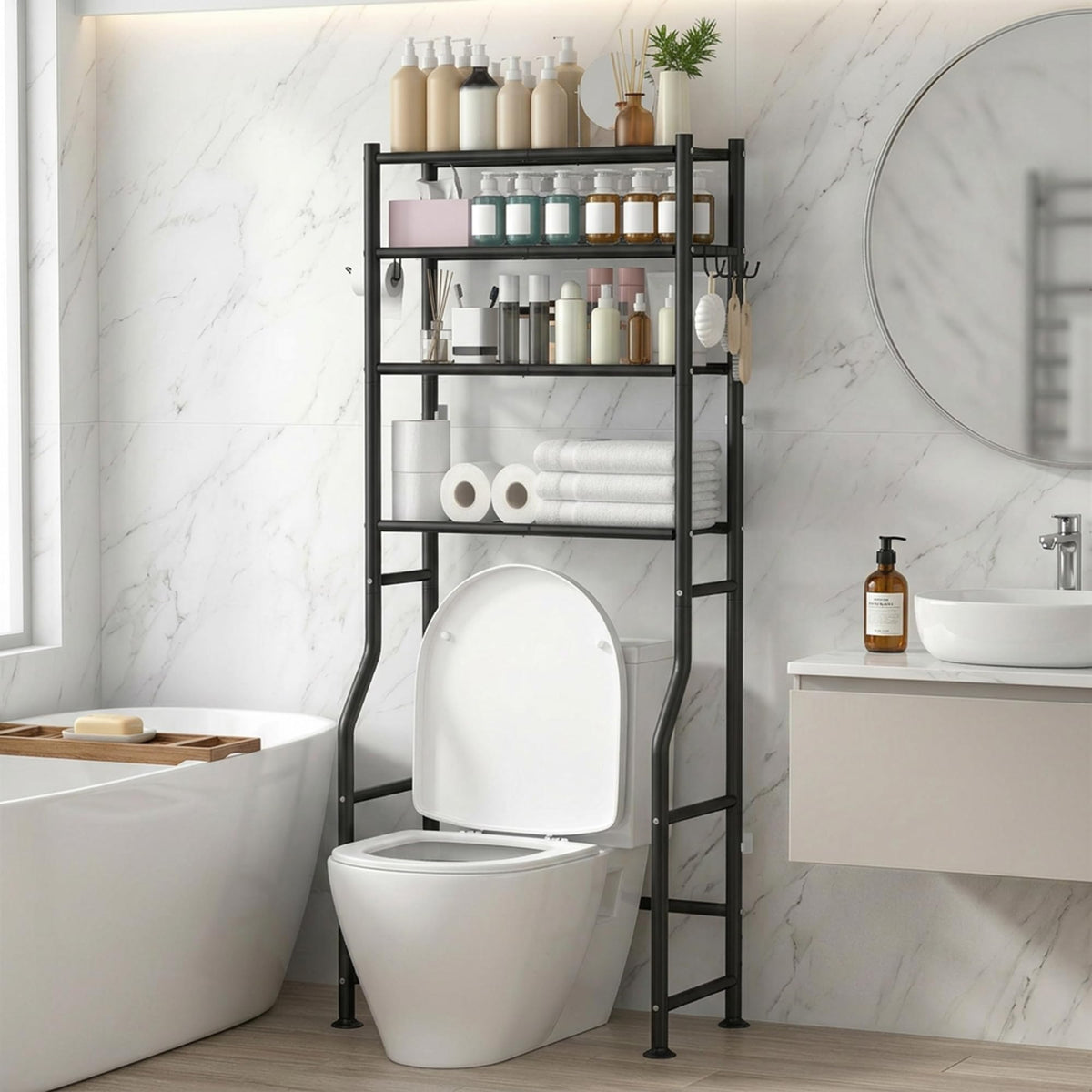 GloTika 3-Tier Over Toilet Storage, Anti-Tilt, 64" H, Black