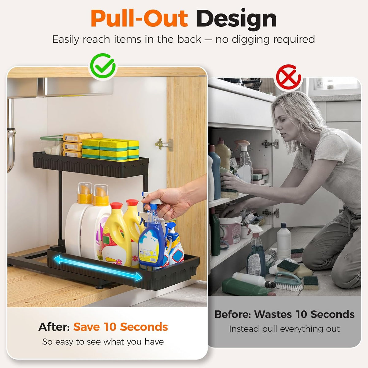 Sevenblue 3-Pack 2-Tier L-Shaped Under Sink Organizers with Sliding Drawers