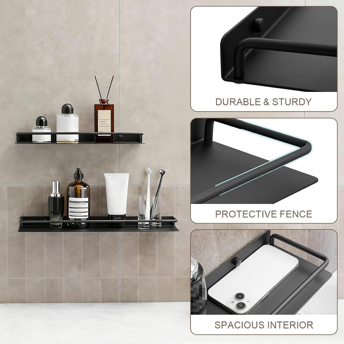 Floating Shelves for Wall with Guardrail, 8 Inch Metal Wall Mounted Storage Shelves, Modern Space-Saving Bathroom Over Toilet Shelves Decor for Living Room, Bedroom, Kitchen & Office