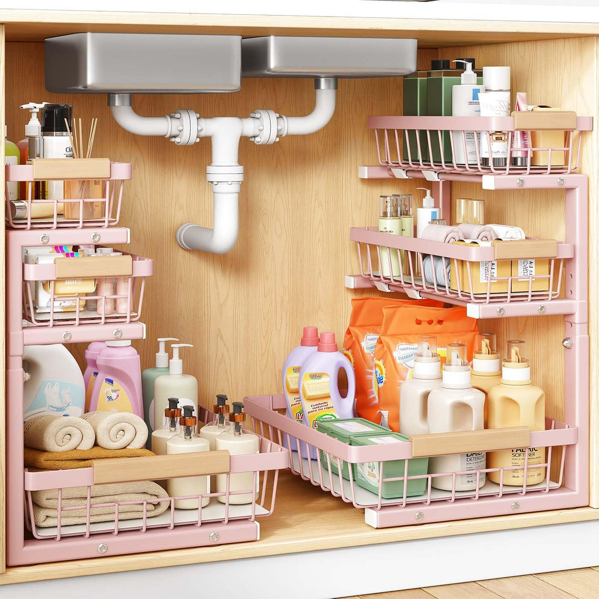 PXRACK Under Sink Organizer, 2-Pack 3-Tier Height Adjustable Thickened Metal Pull out Cabinet Organizer Shelf, Slide out Storage Drawer Rack for Bathroom Kitchen Pantry Home Organization, White