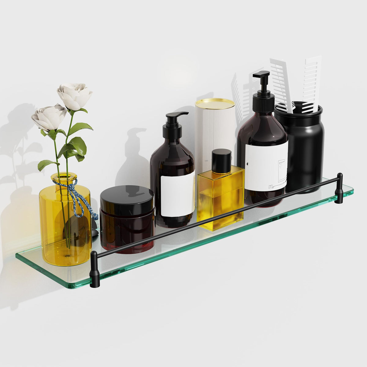 Glass Bathroom Shelves,Brushed Nickel Floating Shelves for Wall Rectangular Modern Stainless Steel Glass Shelf for Bathroom Shelves wall Mounted 16 Inch