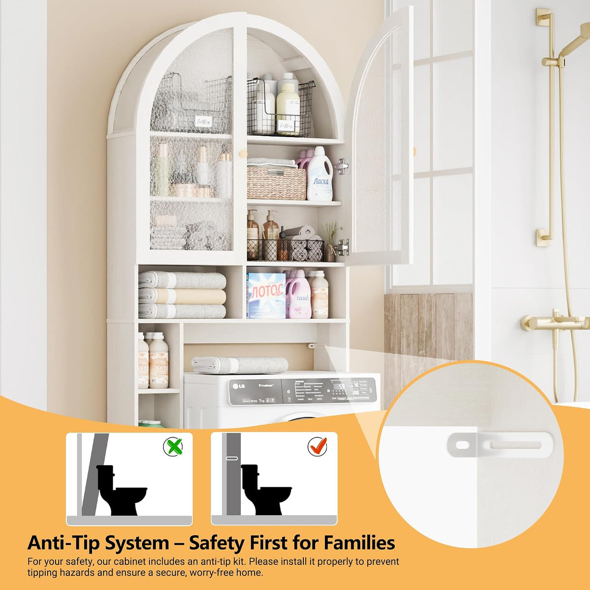 Over The Toilet Storage Cabinet, 29.7”W Modern Storage Cabinet Over Toilet with Acrylic Doors, Arched Freestanding Over Toilet Rack with Adjustable Shelf for Bathroom, White