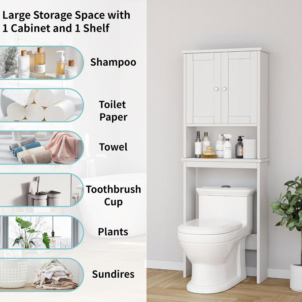 Shintenchi Over the Toilet Storage Cabinet, Bathroom Shelf Organizer with Anti-Tip Device Small Freestanding Space Saver with Adjustable Shelf，White