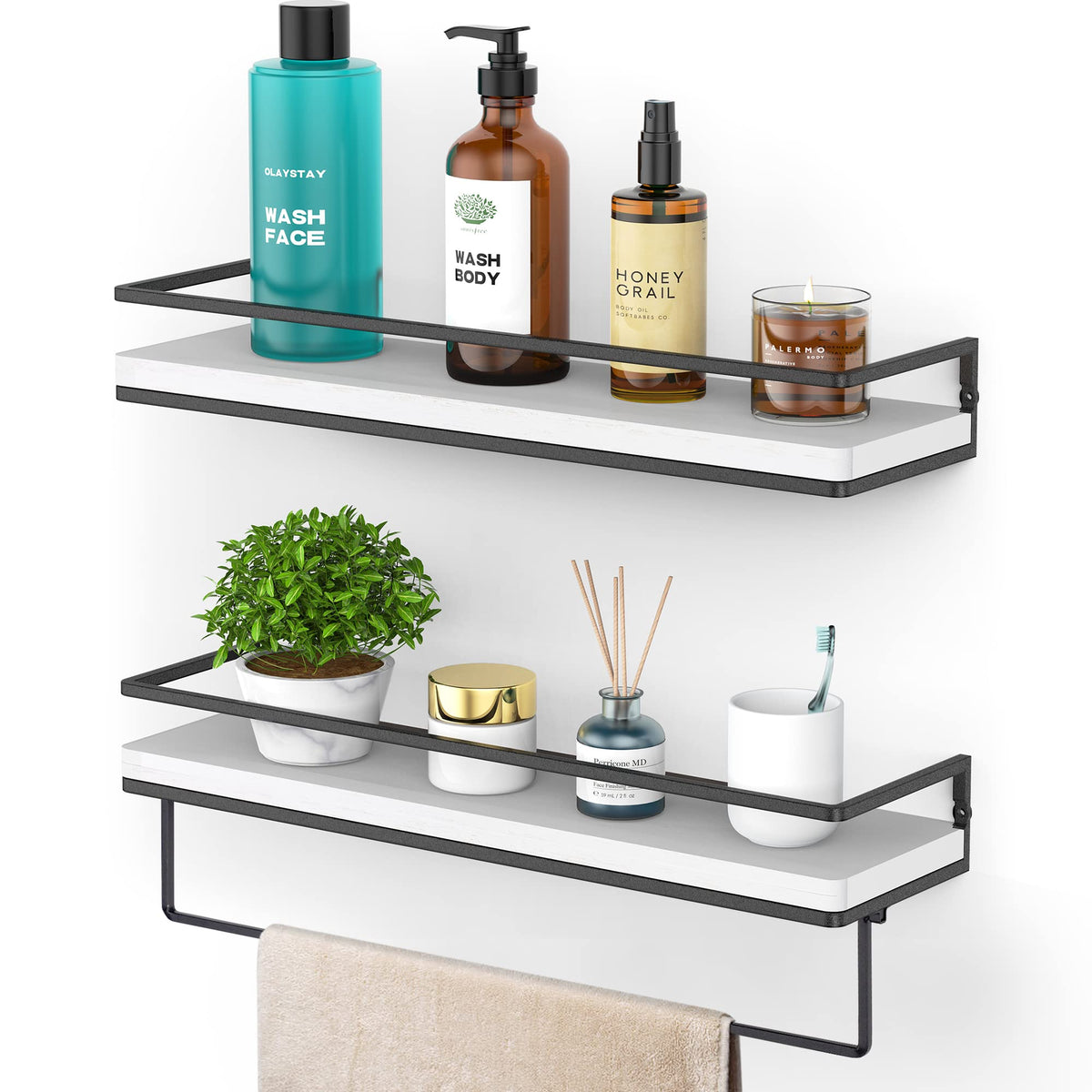 Meangood Floating Shelves Wall Mounted Set of 2, Rustic Wood Wall Storage Shelves for Bedroom,Living Room,Bathroom, Kitchen Torched Wood
