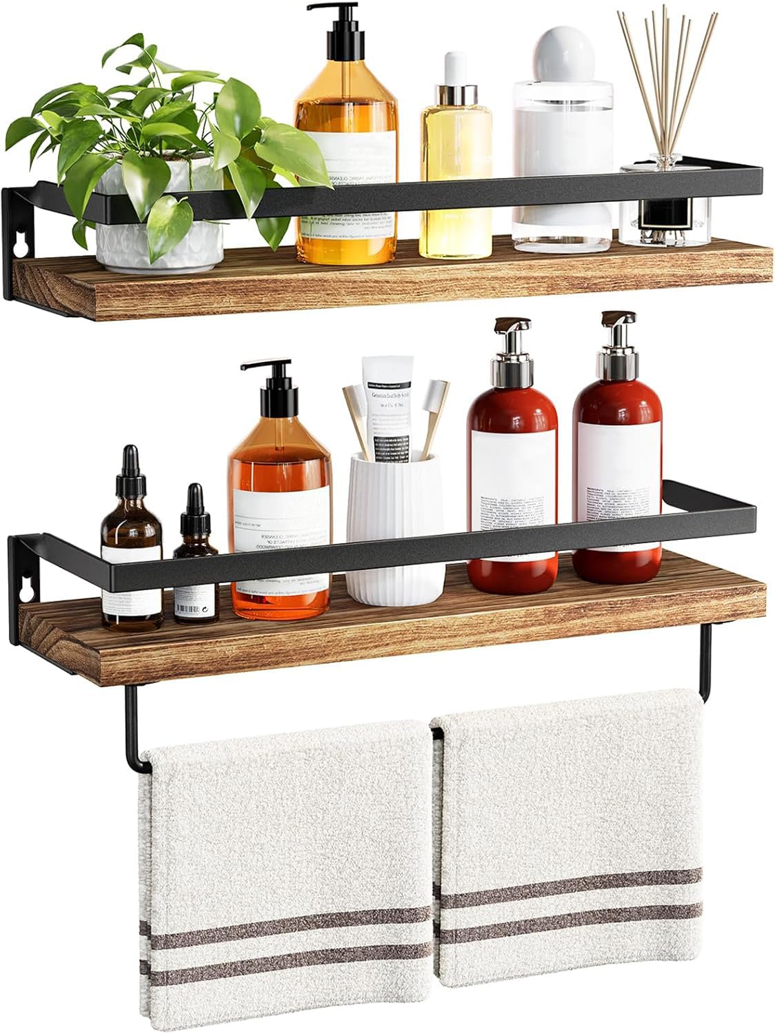 Amada Bathroom Shelves with Towel Bar, Set of 2, Light Brown