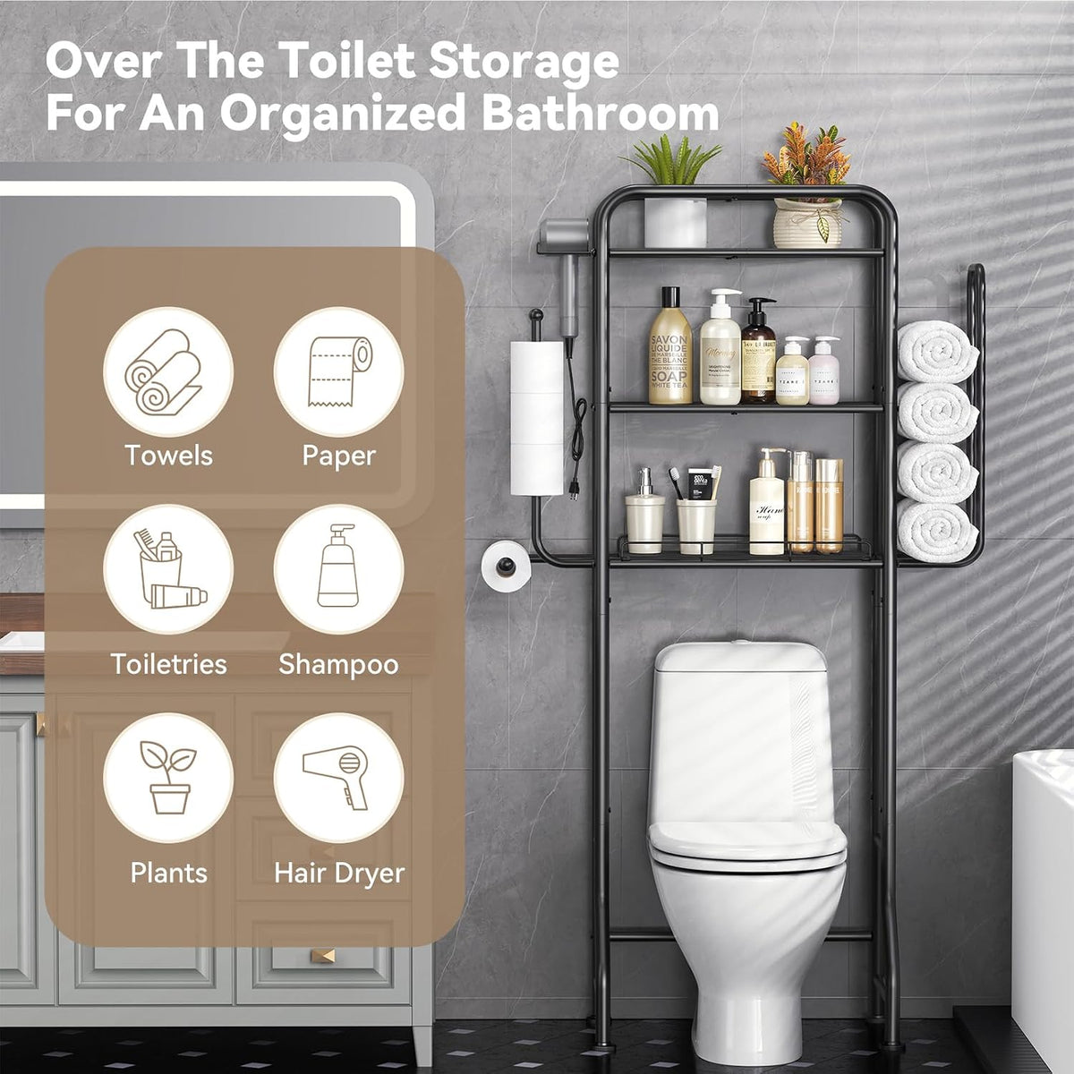 3-in-1 Over the Toilet Storage Rack, 3-Tier Toilet Organizer Shelf