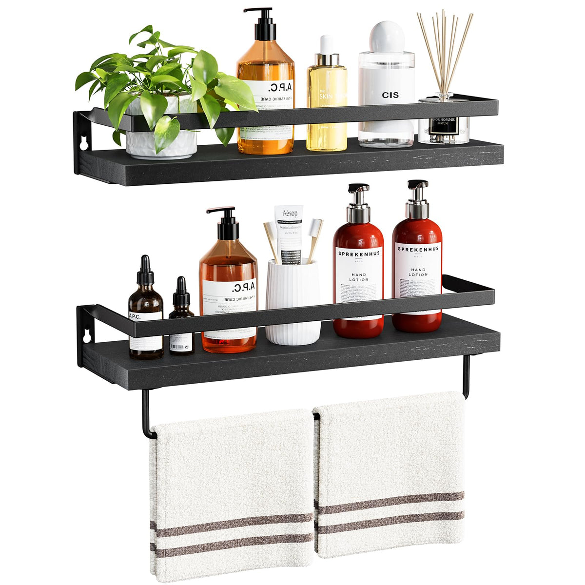 Amada Bathroom Shelves with Towel Bar, Set of 2, Light Brown