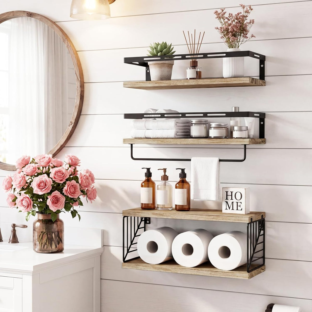 Fixwal Wall Mounted Bathroom Shelves Over Toilet (3+1 Light Brown)