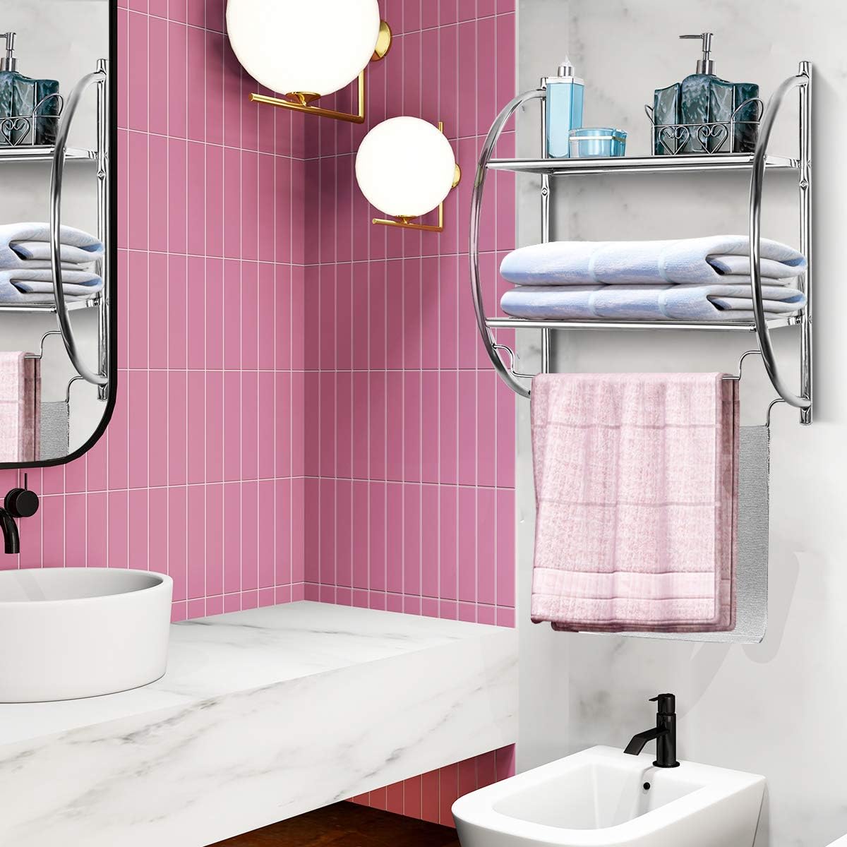 Tangkula Wall Mount 2-Tier Chrome Bathroom Shelf, 18" W x 10" D x 22" H