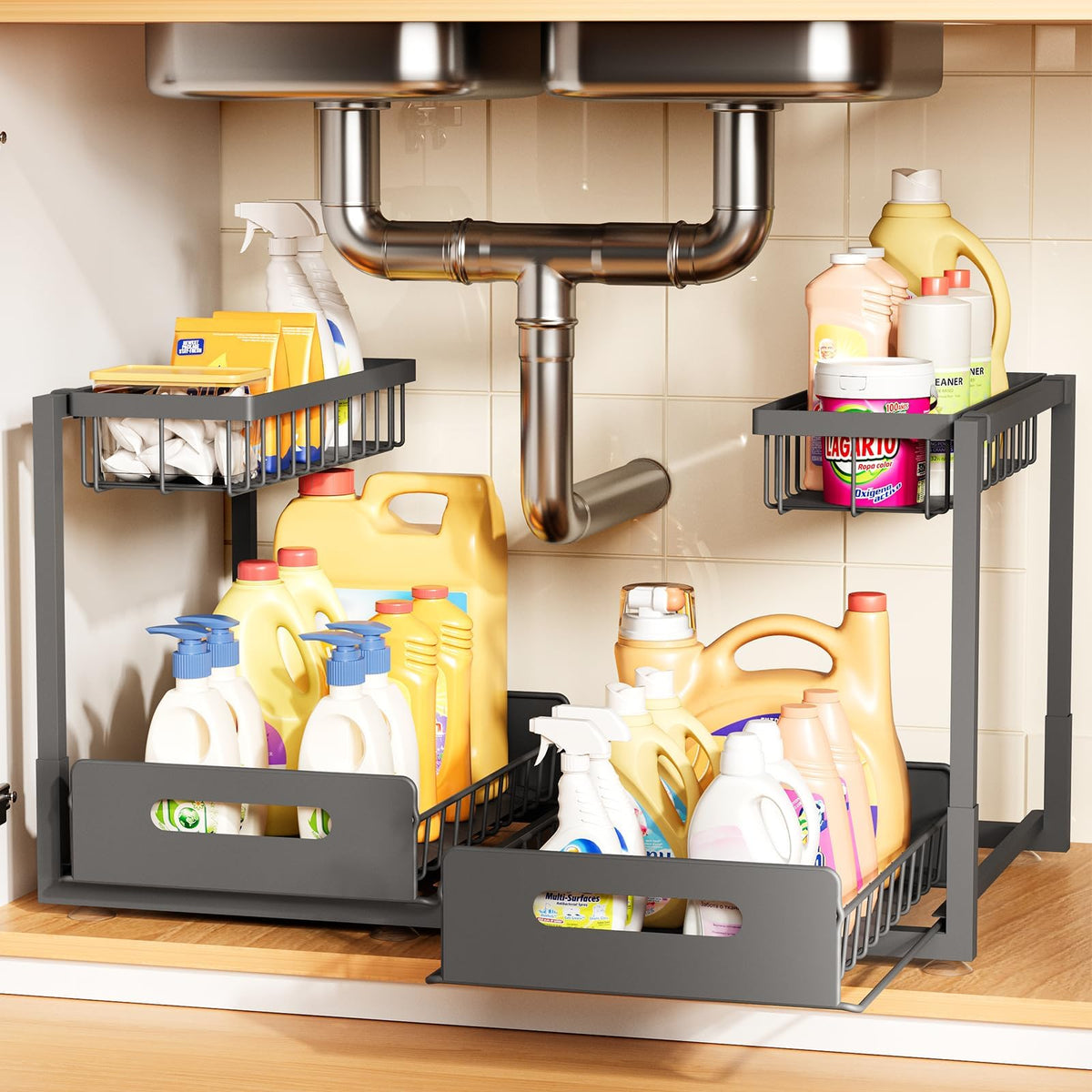 Under Kitchen Sink Organizer, Metal Pull Out Bathroom Organizers and Storage, 2-Tier Cabinet Organizer Shelf with Sliding Drawer, Home Organization for Kitchen, Laundry, Pantry, Black, 2 pack